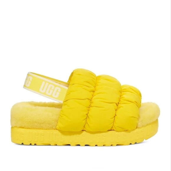 UGG Scrunchita Slide Sandals Yellow Sheepskin Fluffy Slingback Size 9 NWOB $120 - Picture 1 of 8